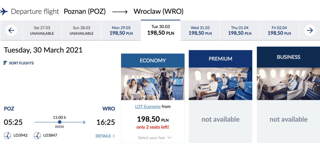 Cena biletu na trasie z Poznania do Wrocławia, z przesiadką w Warszawie. 