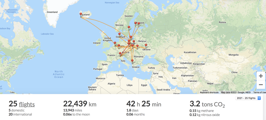 Mapa prezentująca wszystkie moje loty w 2021 roku