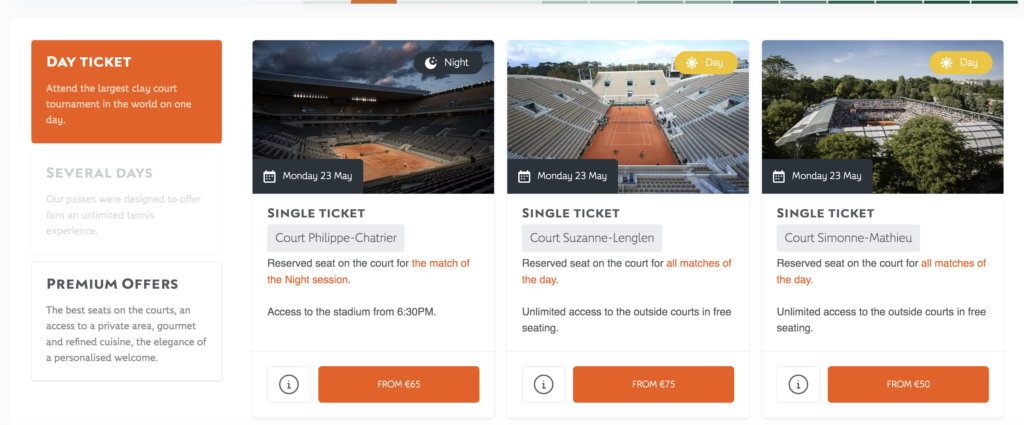 Przykładowe ceny biletów na turniej Rolanda Garrosa w Paryżu